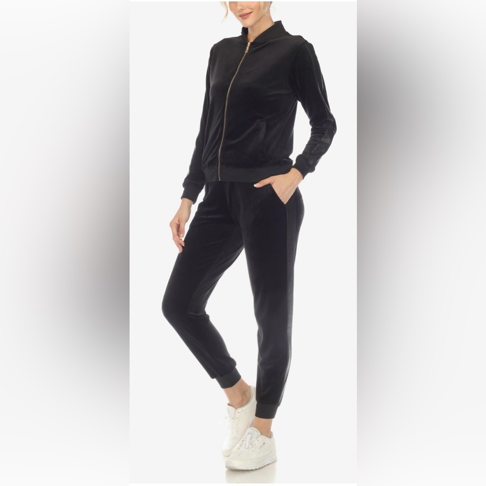 White mark velour track suit with leather accent